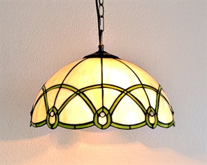 Tiffany hængelampe Tiffany DF122 hvid enkel skærm grønne linier ø40cm h19cm